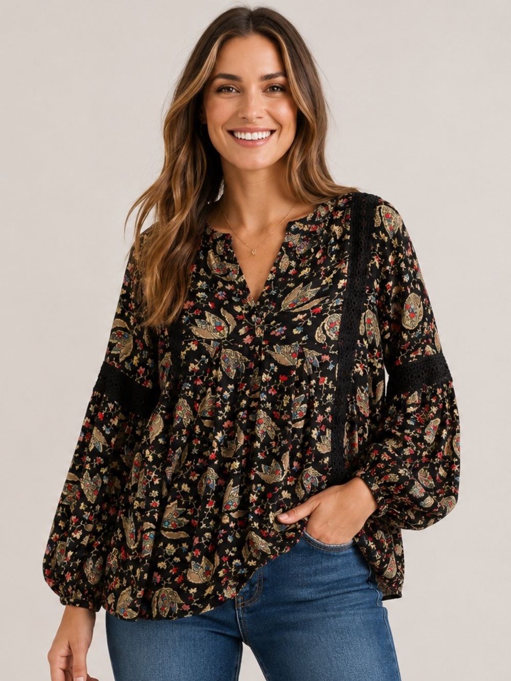 Umgee Black Floral Lace-Trim Boho Peasant Tunic S